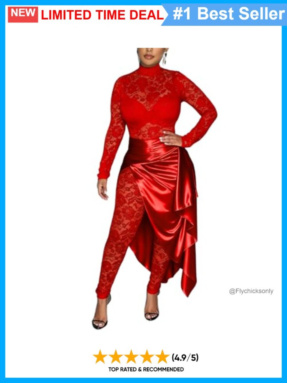Women's Lace See Through Jumpsuit Long Sleeve High Split Midi Skirt One Piece